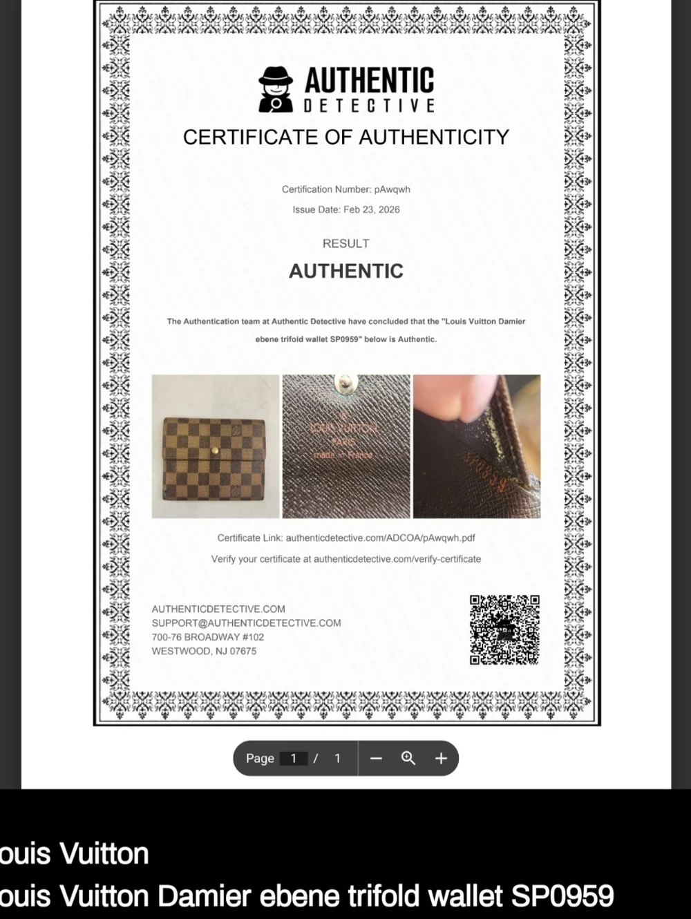 Authentic Vintage Damier Ebene Louis Vuitton Trifold Wallet With Digital COA